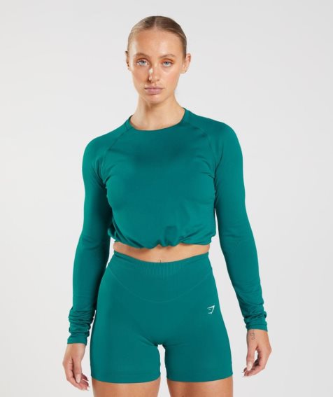 Women's Gymshark Sweat Seamless Long Sleeve Cropped Tops Turquoise | CA 637N01